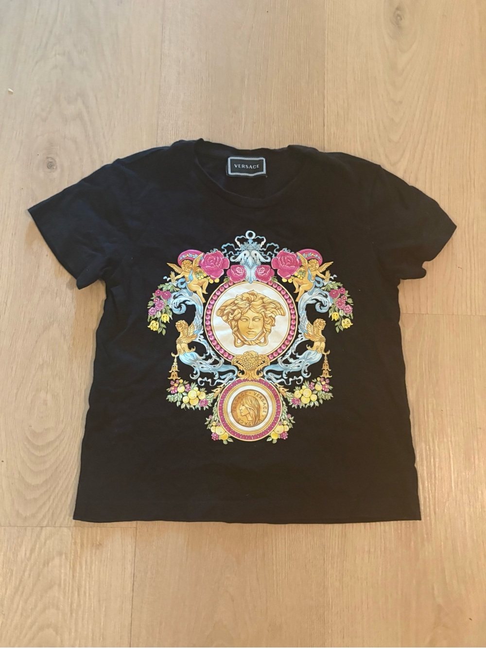 Versace Black Tee with Gold Medusa and Pink Rose Motif kids size 4